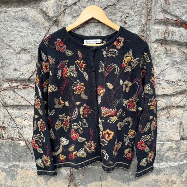 데이비드 브룩스 실크 니트 빈티지 울 자수 가디건 L