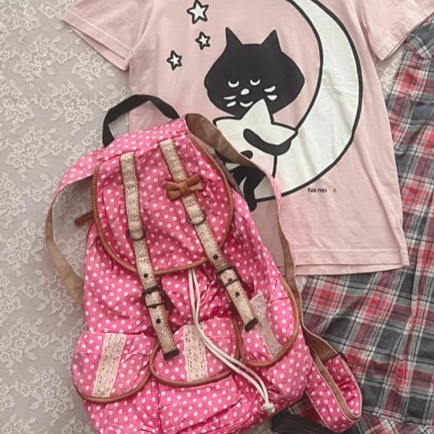 모리노가토 핑크 땡땡이 도트 백팩 빈티지