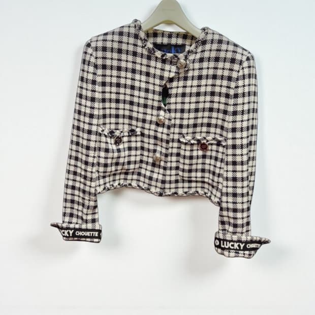 럭키슈에뜨 트위드 체크 크롭 자켓 세일러카라36
