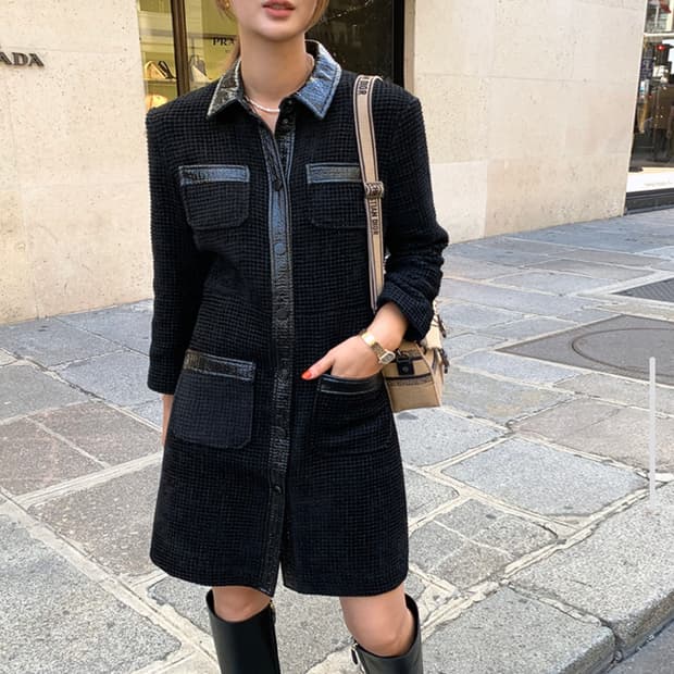 니쁜스(NIBBUNS) 벨벳트위드 레더배색 원피스 55-66 새상품