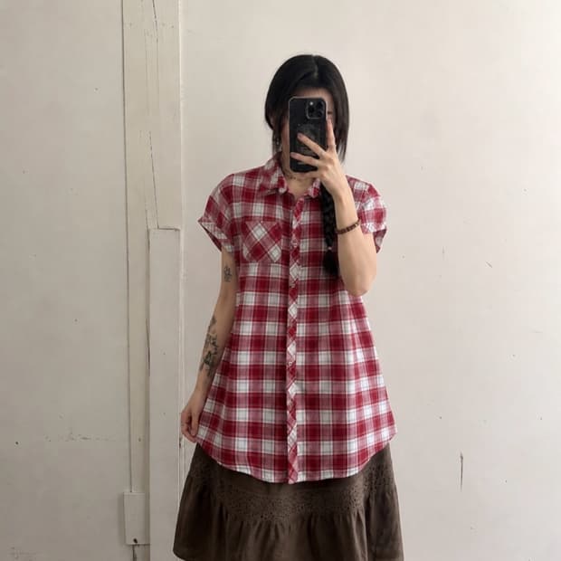 일본 빈티지 레드 체크 반팔 롱 셔츠