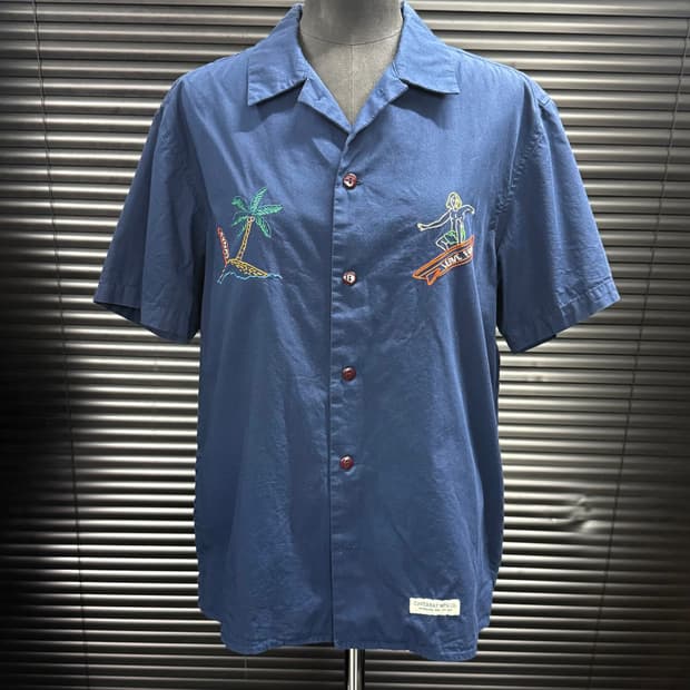 커버낫 와이키키 서핑 야자수 여인 자수 남색 네이비 하와이안 반팔 셔츠 