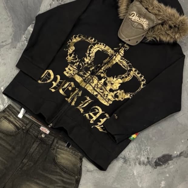 갸루st 오버랩 골드 크라운 투웨이 퍼 후드집업