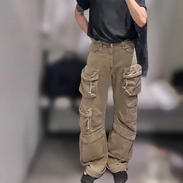 포켓 워싱 와이드 카고팬츠 갈색 XL