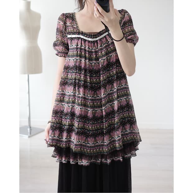 Vintage plum patterned frill mini dress
