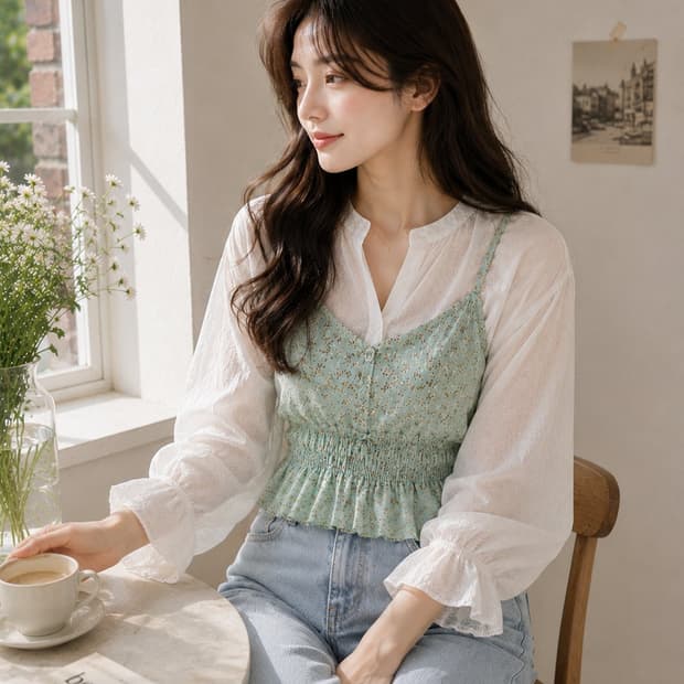 🤍 청담동 편집샵 레이스 2중 레이어드 화이트 긴팔 여름블라우스 (S)