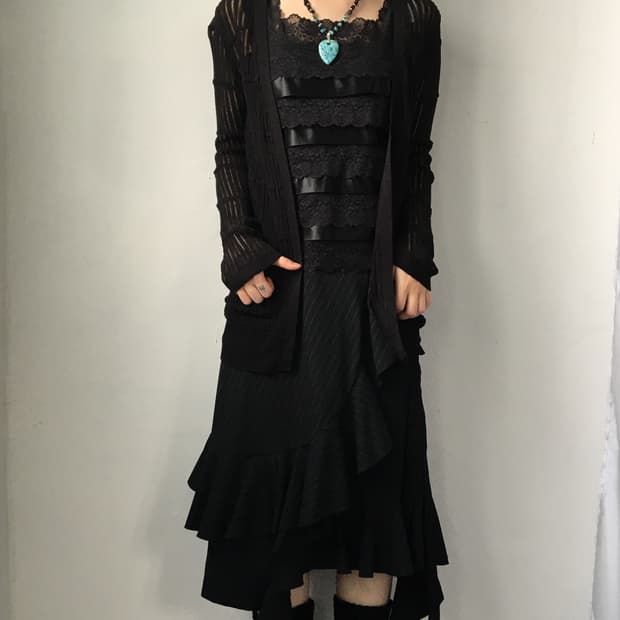 Net pattern belted cardigan