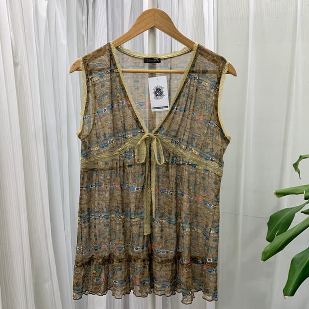 일본 빈티지 Cozy chic 에스닉 패턴 오픈 블라우스 나시 1550