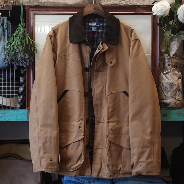 90s 폴로 헌팅자켓 랄프로렌 하드 캔버스 레더 왁스자켓 L