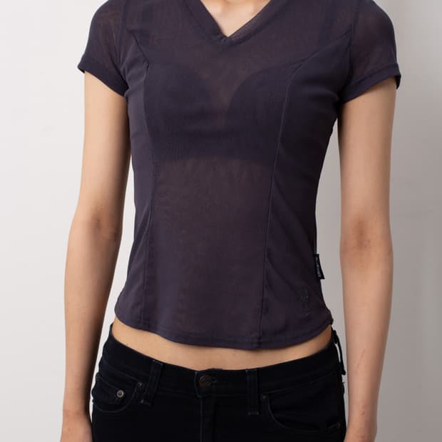 OZZ CROCE MESH V-NECK EMBROIDERY T-SHIRT