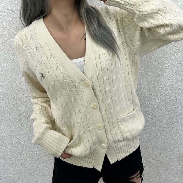 폴로 랄프로렌 그레이포니 아이보리 꽈배기 니트 가디건 90
