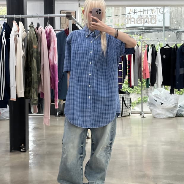 폴로 랄프로렌 블루 마이크로체크 반팔 셔츠