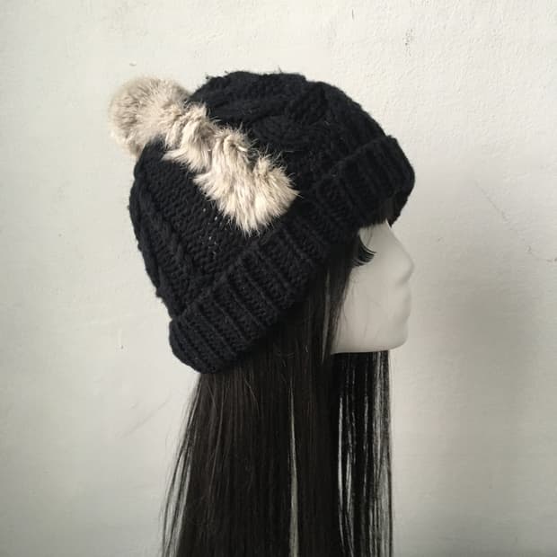  fur trimming pom knit beanie