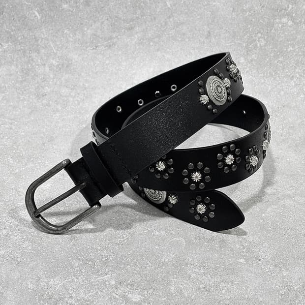 Oribell 에스닉 스터드 클래식 웨스턴 가죽 벨트 블랙