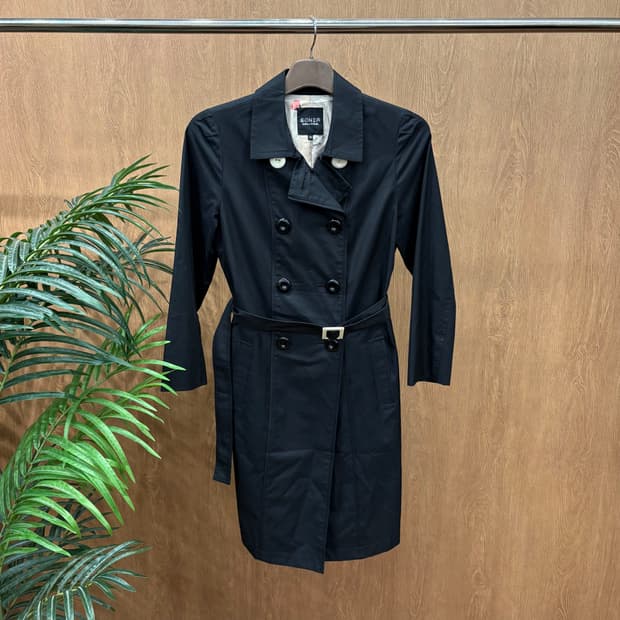 소니아 리키엘 더블 브레스트 트렌치 롱 코트 배색 버튼 벨트 디테일 블랙