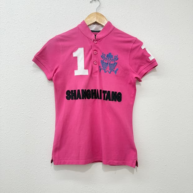빈티지 Shanghai Tang 핫핑크 로고 패치 스탠드 카라티