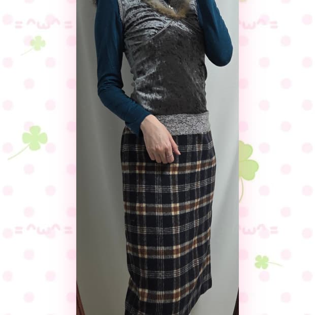 빈티지 코디 세트(청록폴라티, 회색벨벳슬리브리스, INGNI체크스커트)