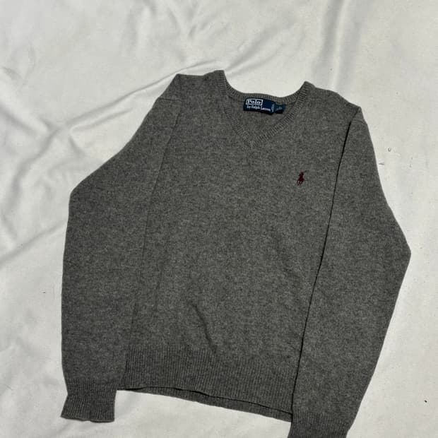 M 폴로랄프로렌 버건디 포니 램스울 그레이 브이넥 니트