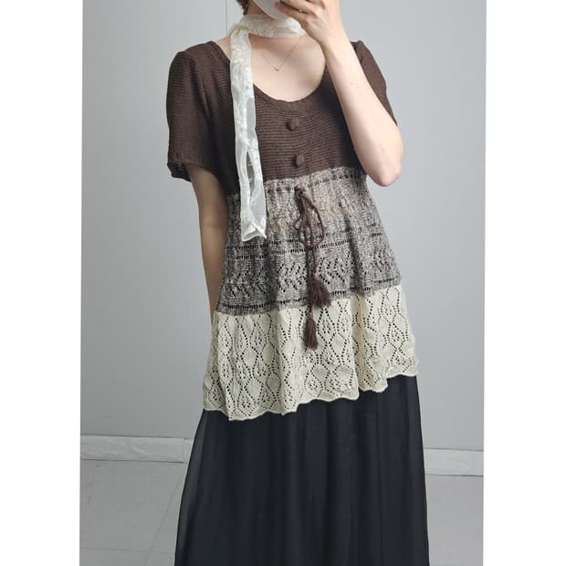 반소매 배색 니트