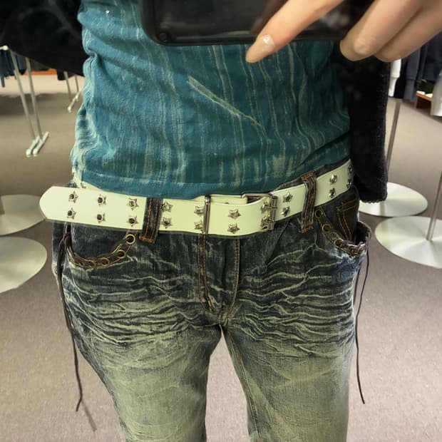 Japanese vintage 여성 y2k 별 스터드 화이트 벨트