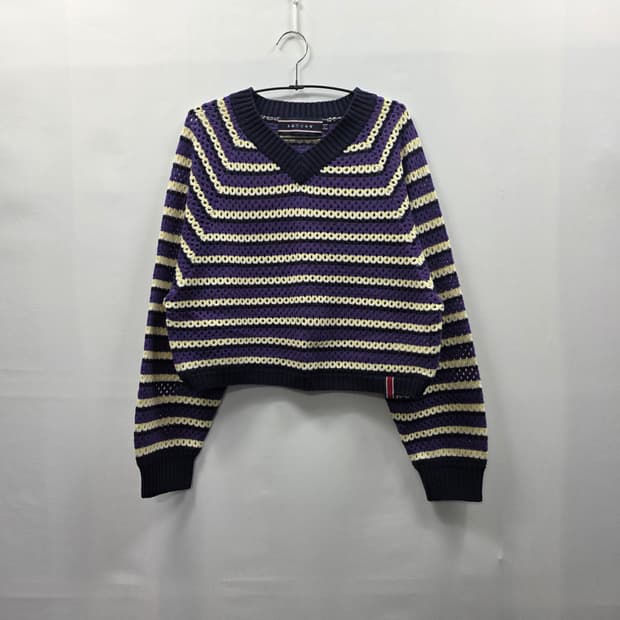 0191[RAYCEY] 퍼플 스트라이프 브이넥 니트 S