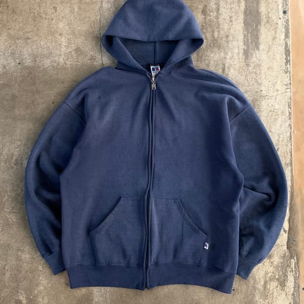 90s 러셀 애슬레틱 선페이드 집업 스웻 후디 네이비