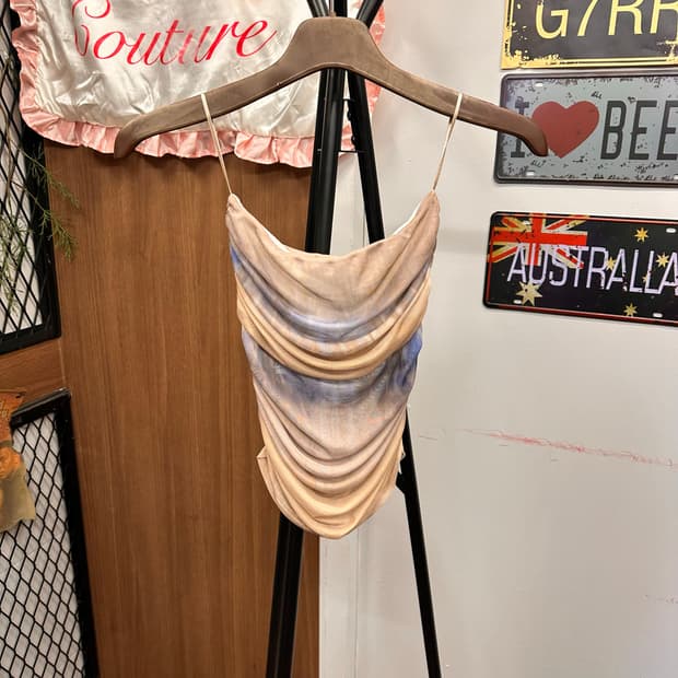 Beige Tie-Dye Shirred Sleeveless Top 