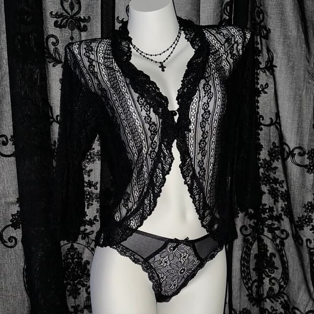 Black see-through lace cardigan