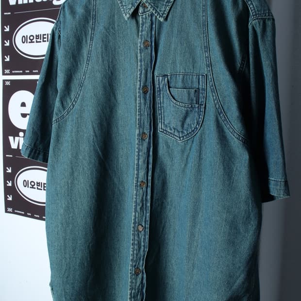 (L-2XL) 시도 반팔셔츠 남방 데님 청 워싱 아메카지-H34544