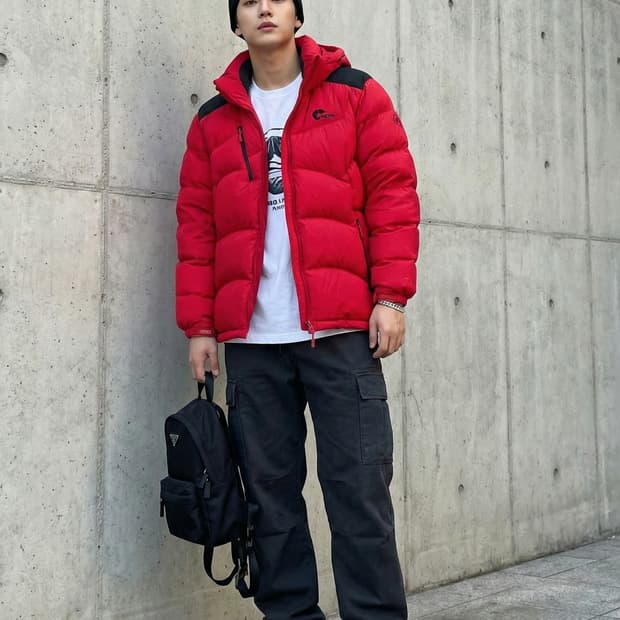 네파 남성 레드 덕다운 패딩 점퍼_100