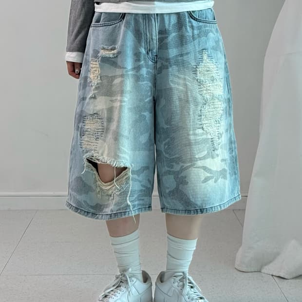 빈티지 데님 카모 데미지 버뮤다 팬츠
