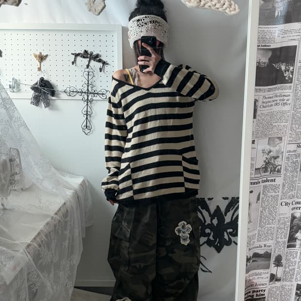 striped pocket loose fit knit