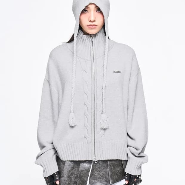 LEEY YEEL CABLE KNIT METAL LOGO ZIP-UP