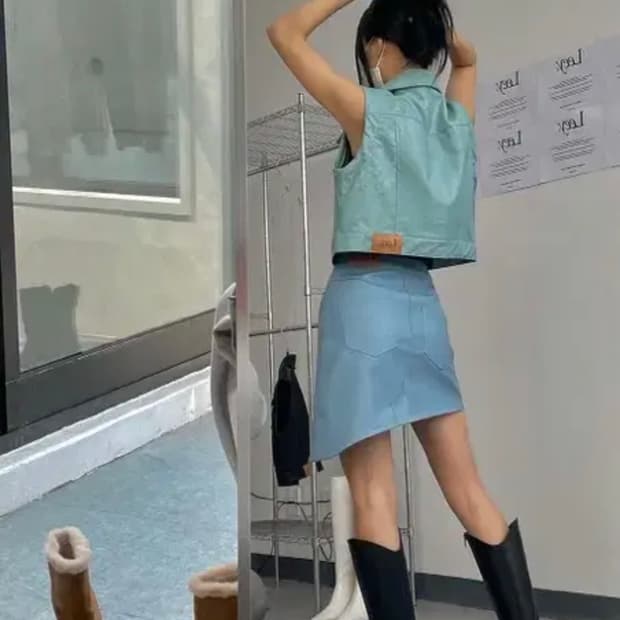 leey 레더스커트 더스티블루
