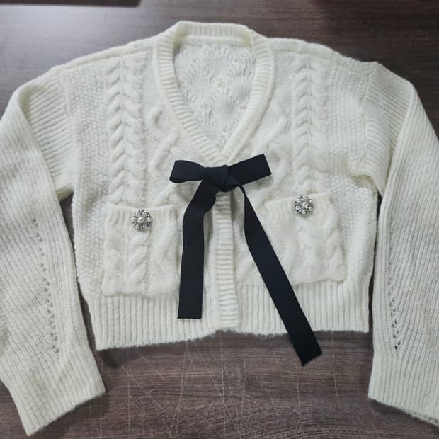 아이보리  니트 리본 가디건 M