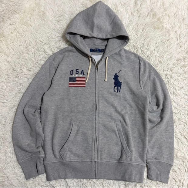【인기】 폴로 빅포니 USA 성조기 후드집업 그레이 M