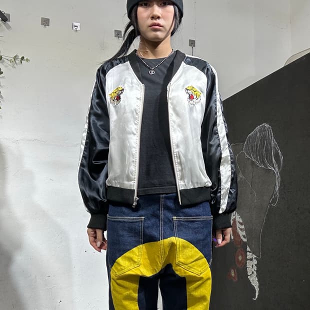 일본빈티지 Nicoron 화이트 블랙 호랑이 크롭 스카잔