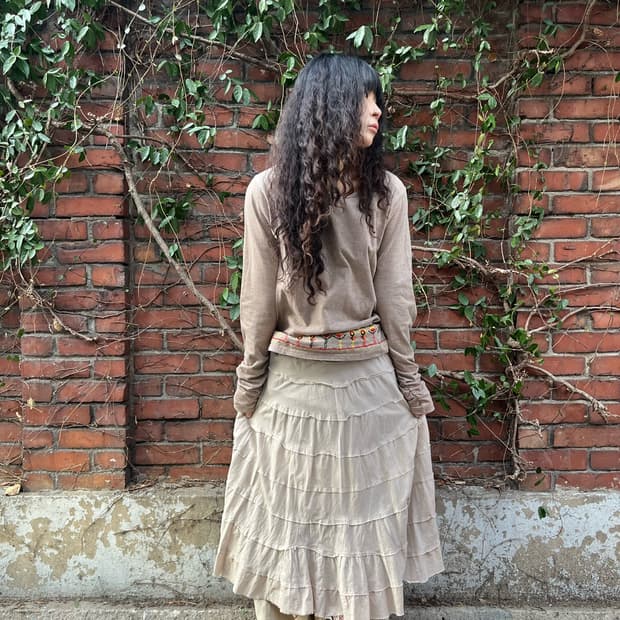 베이지 아이보리 미디 캉캉 스커트