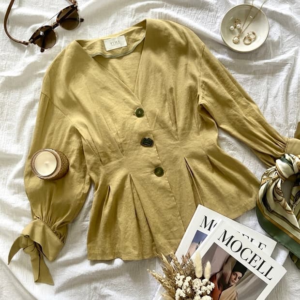 타임 단추 & 소매 리본 포인트 블라우스 셔츠