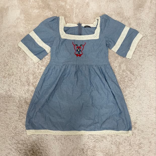 Jpn vtg 알프스 스퀘어넥 데님 자수 원피스