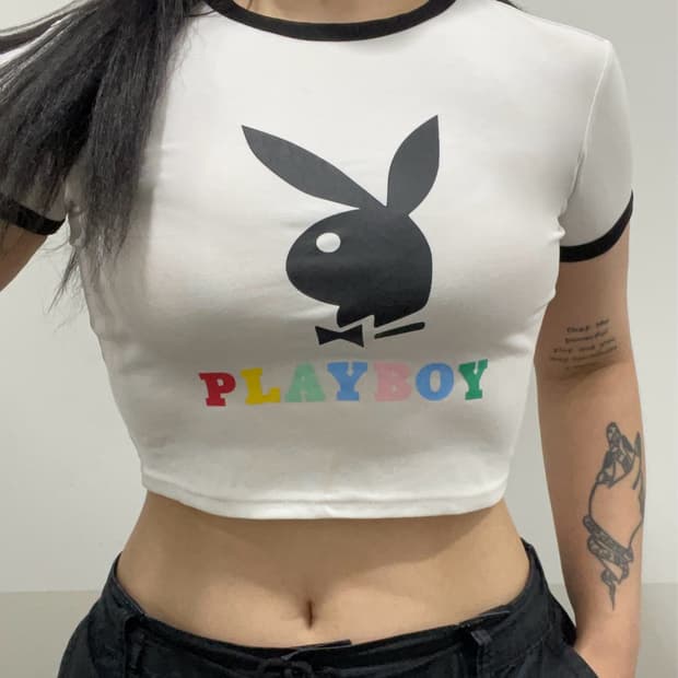 Playboy 플레이보이 레빗 헤드 크롭 링거 반팔 티셔츠  