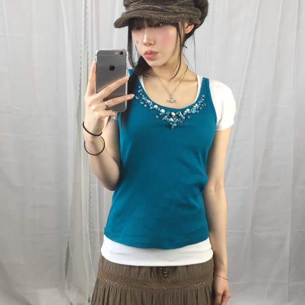 Jpn Turquoise Beaded & Shell Sleeveless