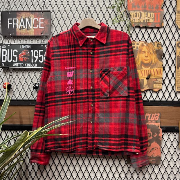 2019 F/W 오프화이트 플란넬 셔츠 후면 빅프린팅 포인트 레드
