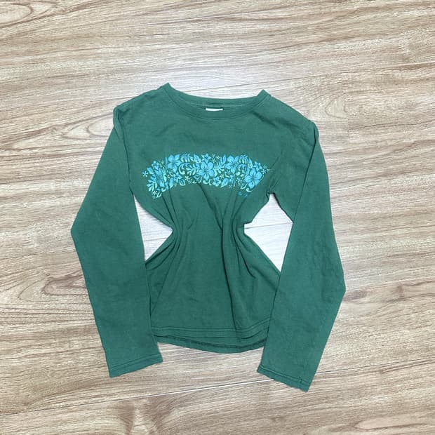 빈티지 카키 플라워 긴팔 티셔츠 긱시크 페어리 그런지 모리걸 고딕 와투케