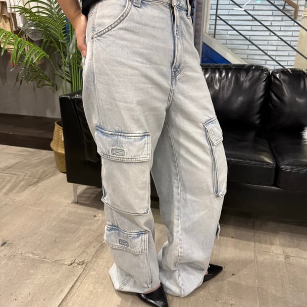 Vintage 와이드 핏 카고 데님 팬츠 연청
