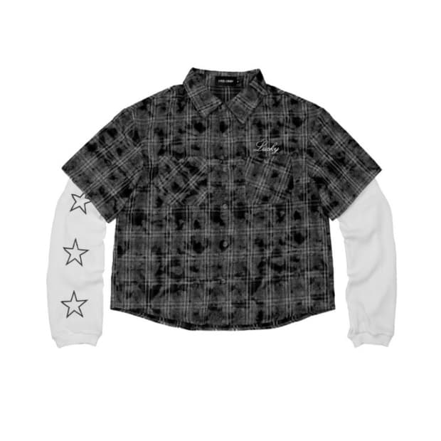 아이필유럭키 더블 레이어드 와플 체크 셔츠 블랙 m