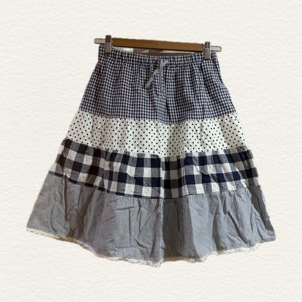 🛋️빈티지 모리걸 도트체크 패치워크 미디스커트