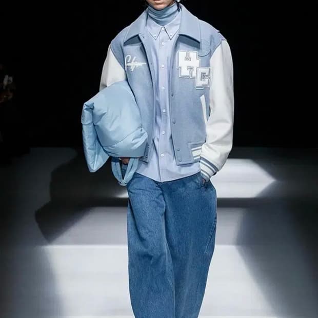 [50] 솔리드옴므 레더 가죽 울 바시티 봄버 블루종 자켓 스카이블루