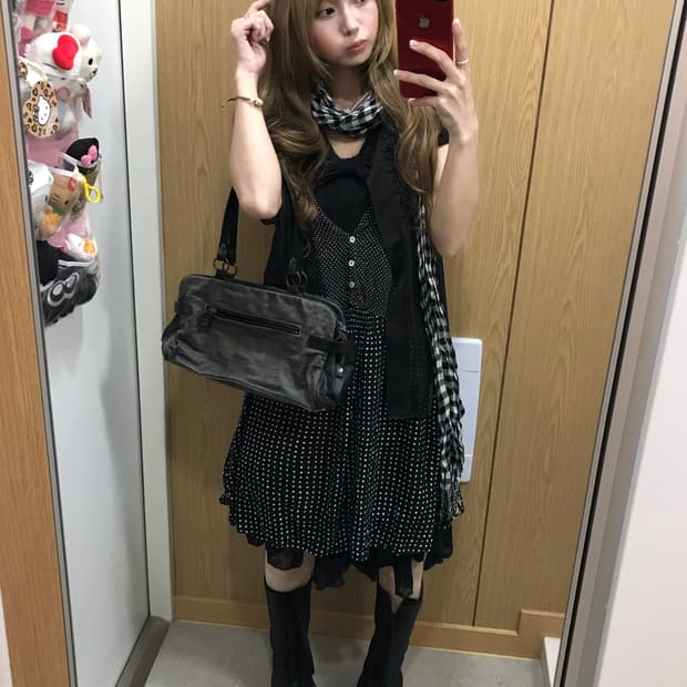 블랙 무채색 니혼진 도트 리본 코디세트