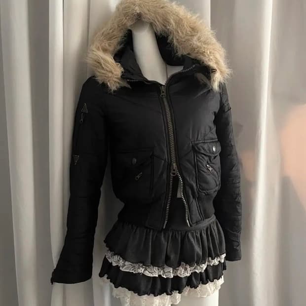 lolablack 빈티지 y2K 고스펑크 퍼 크롭 점퍼 패딩